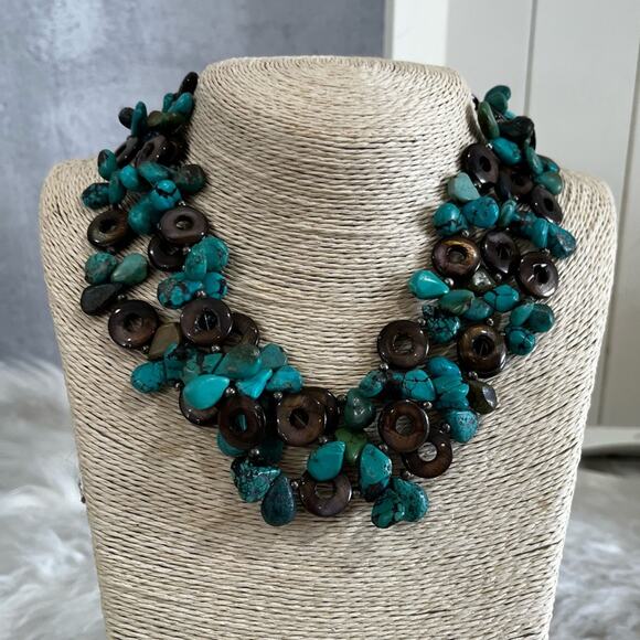 NEW Sundance Turquoise Polished Agate Three Strand Collar Statement Necklace 18” - Picture 2 of 15